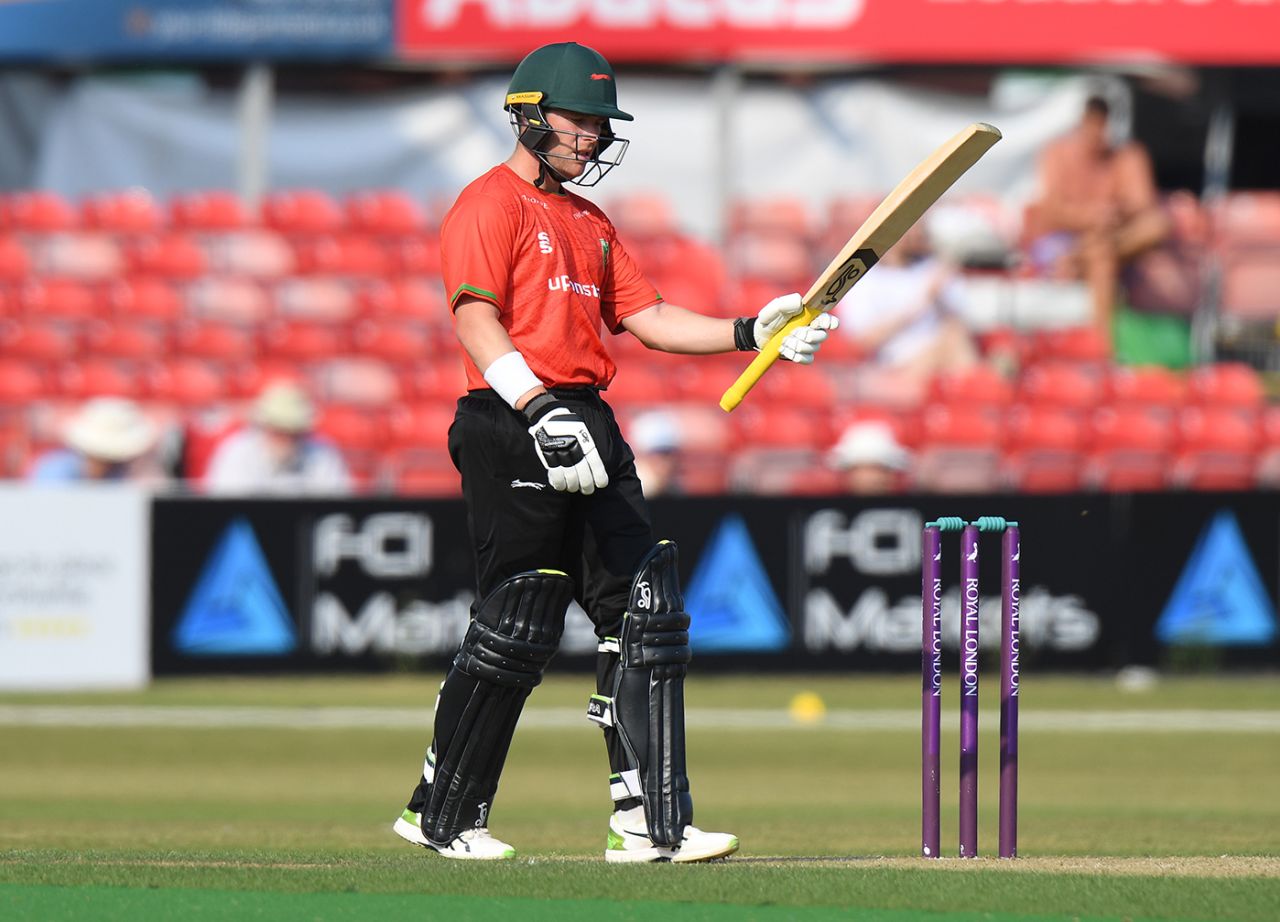 Marcus Harris acknowledges his fifty, Leicestershire vs Derbyshire, Royal London Cup, Grace Road, July 22, 2021