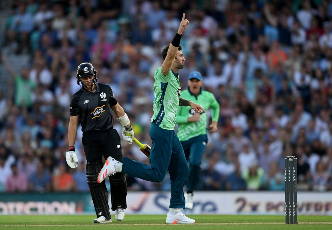 Reece Topley celebrates, Oval Invincibles vs Manchester Originals, the Hundred, The Oval, July 22, 2021