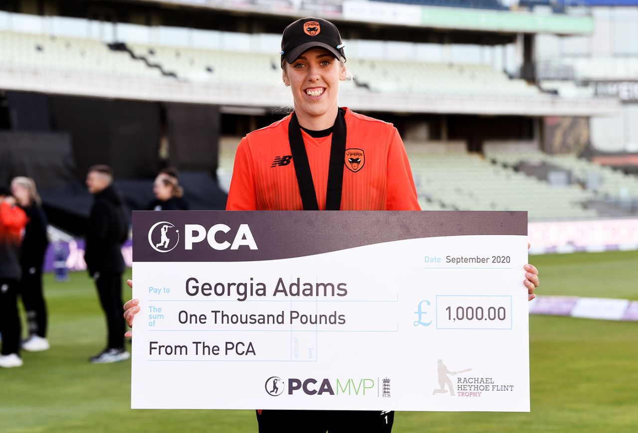 Georgia Adams poses with her cheque after being named the PCA's Most Valuable Player of the tournament, Rachael Heyhoe Flint Trophy Final, Southern Vipers v Northern Diamonds, Edgbaston, September 27, 2020