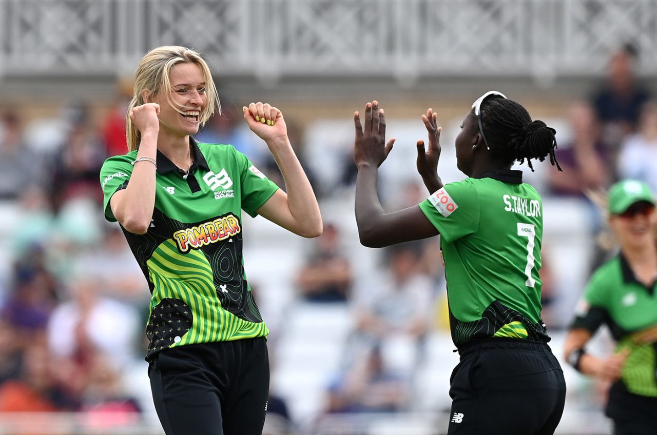 Lauren Bell celebrates with Stafanie Taylor, Trent Rockets vs Southern Brave, Women's Hundred, Trent Bridge, July 23, 2021