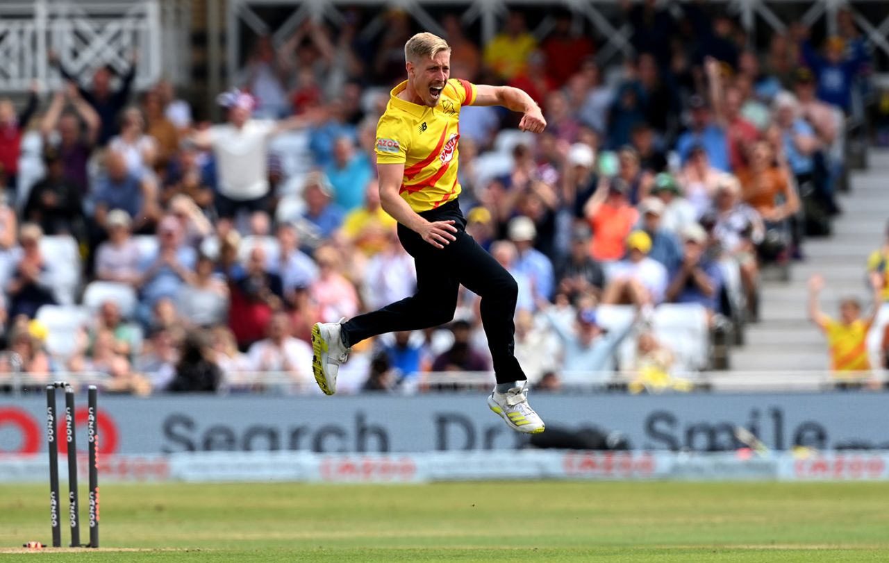 Luke Wood leaps with glee after making the breakthrough, Trent Rockets vs Southern Brave, Men's Hundred, Trent Bridge, July 23, 2021