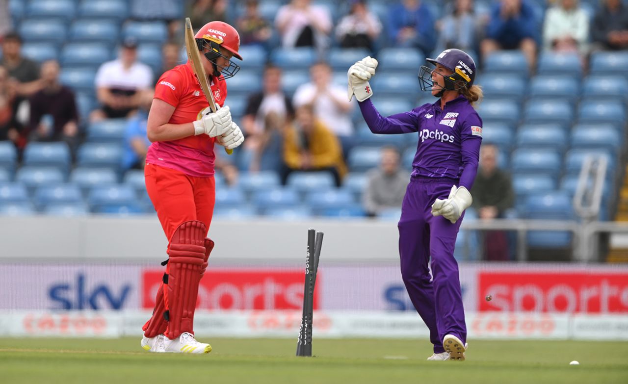Lauren Winfield-Hill celebrates the wicket of Bryony Smith, Northern Superchargers vs Welsh Fire, Women's Hundred, Headingley, July 23, 2021