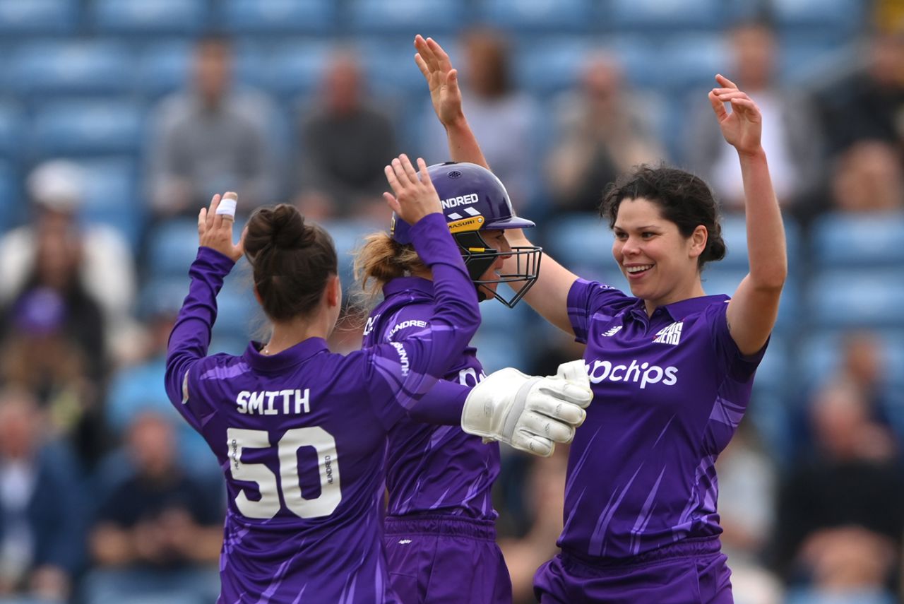 Alice Davidson-Richards celebrates a wicket, Northern Superchargers vs Welsh Fire, Women's Hundred, Headingley, July 23, 2021