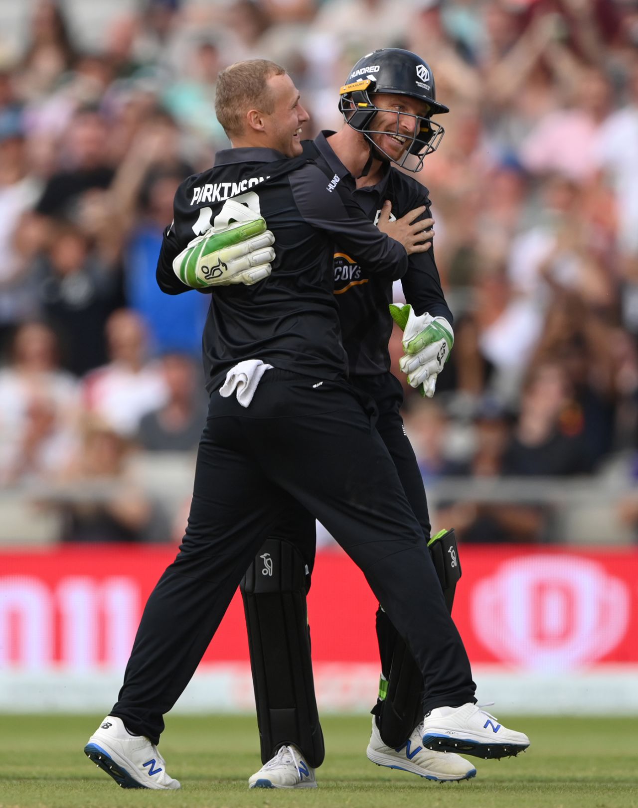 Matt Parkinson celebrates with his captain, Manchester Originals vs Birmingham Phoenix, Men's Hundred, Old Trafford, July 25, 2021