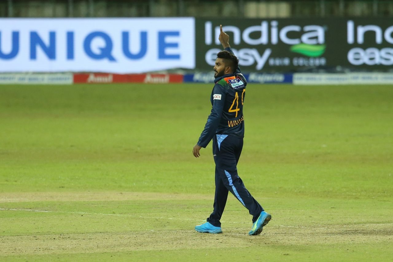 Wanindu Hasaranga celebrates a wicket, Sri Lanka vs India, 1st T20I, Colombo, July 25, 2021