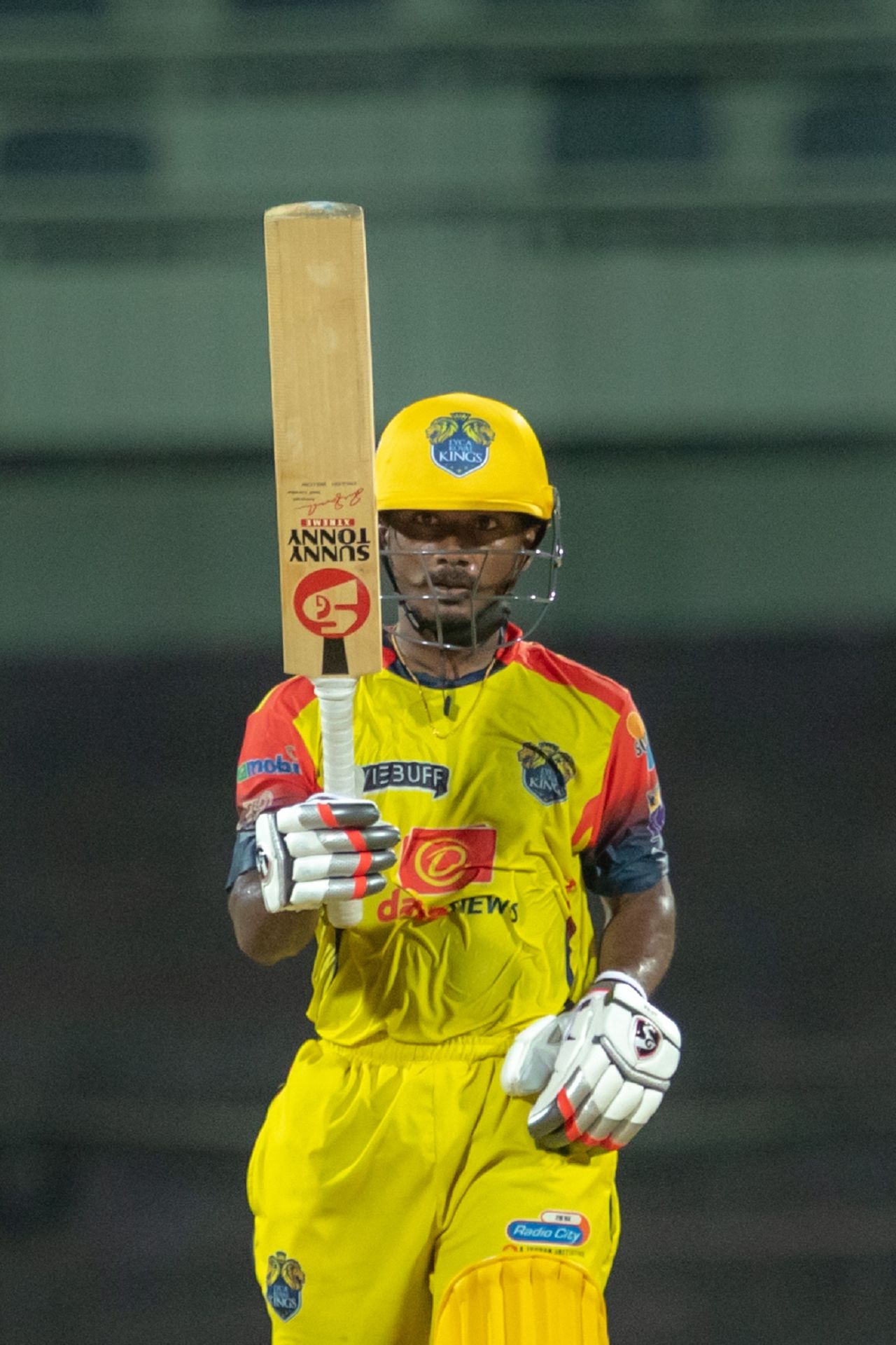 GS Raju raises his bat after getting to a fifty, Dindigul Dragons vs Lyca Kovai Kings, TNPL 2021, Chennai, July 25, 2021