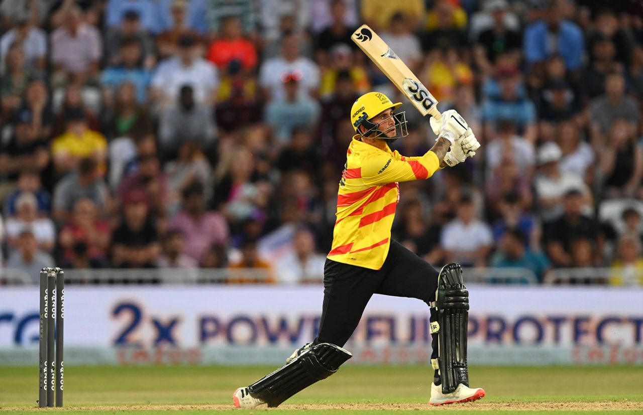 Alex Hales swings down the ground, Trent Rockets vs Northern Superchargers, Men's Hundred, Trent Bridge, July 26, 2021