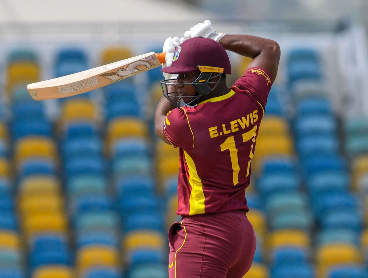 Evin Lewis returned from a blow on the helmet to make an unbeaten fifty, West Indies vs Australia, 3rd ODI, Barbados, July 26, 2021