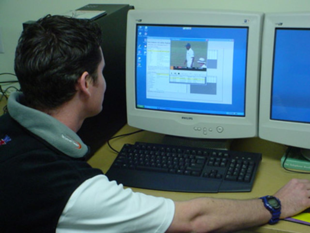 Zach Hitchcock operates New Zealand Cricket's video analysis unit at the New Zealand Cricket High Performance Centre in Lincoln, 19 August 2003.