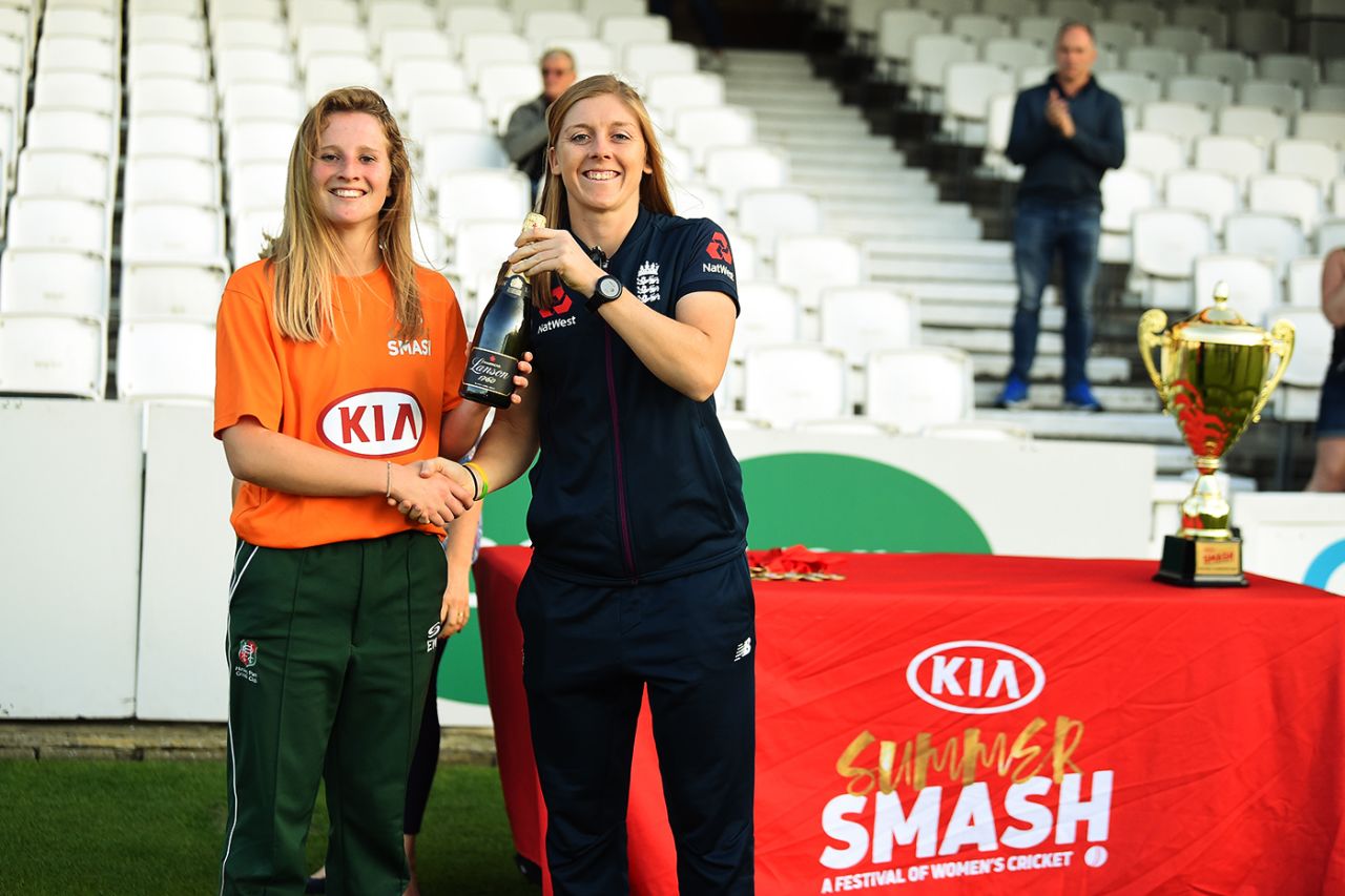 Heather Knight (right) hands Emily Windsor the Player-of-the-Match award, Hursley Park v Sessay, Kia Final, The Oval, September 20, 2019