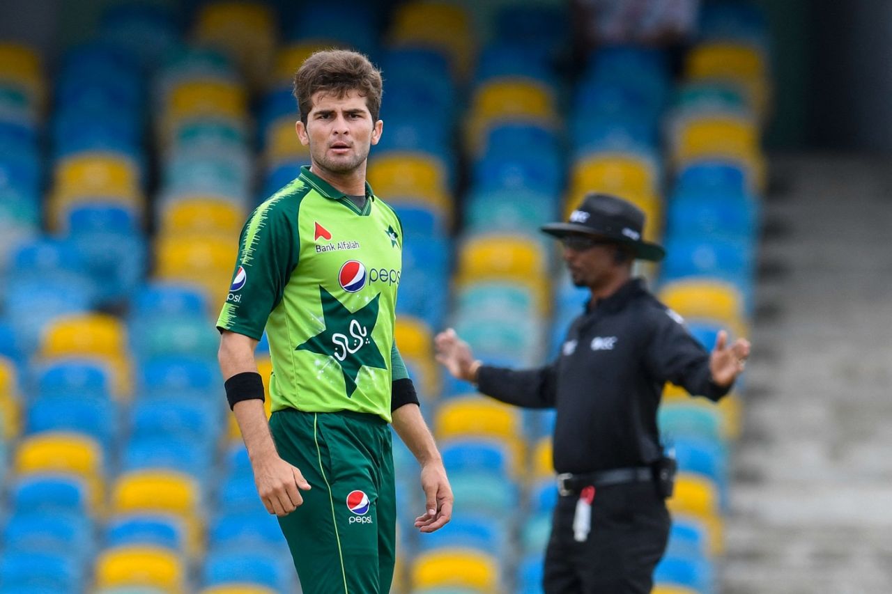Shaheen Afridi was surprised after his short ball was deemed a wide for height, West Indies vs Pakistan, 1st T20I, Bridgetown, July 28, 2021