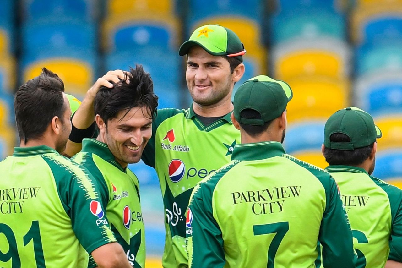 Mohammad Wasim celebrates with his team-mates after getting Chris Gayle, West Indies vs Pakistan, 1st T20I, Bridgetown, July 28, 2021