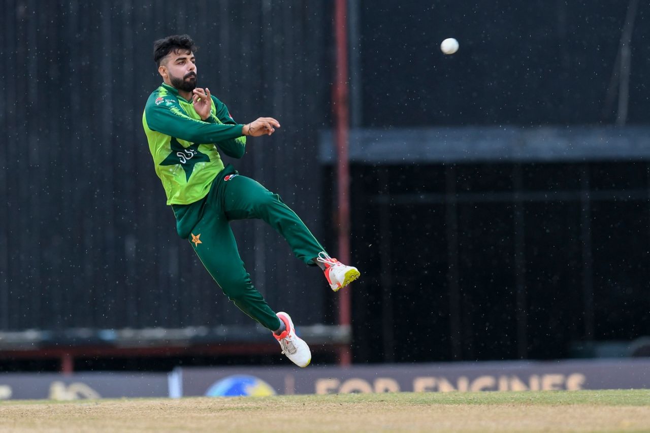 Shadab Khan in action, West Indies vs Pakistan, 1st T20I, Bridgetown, July 28, 2021