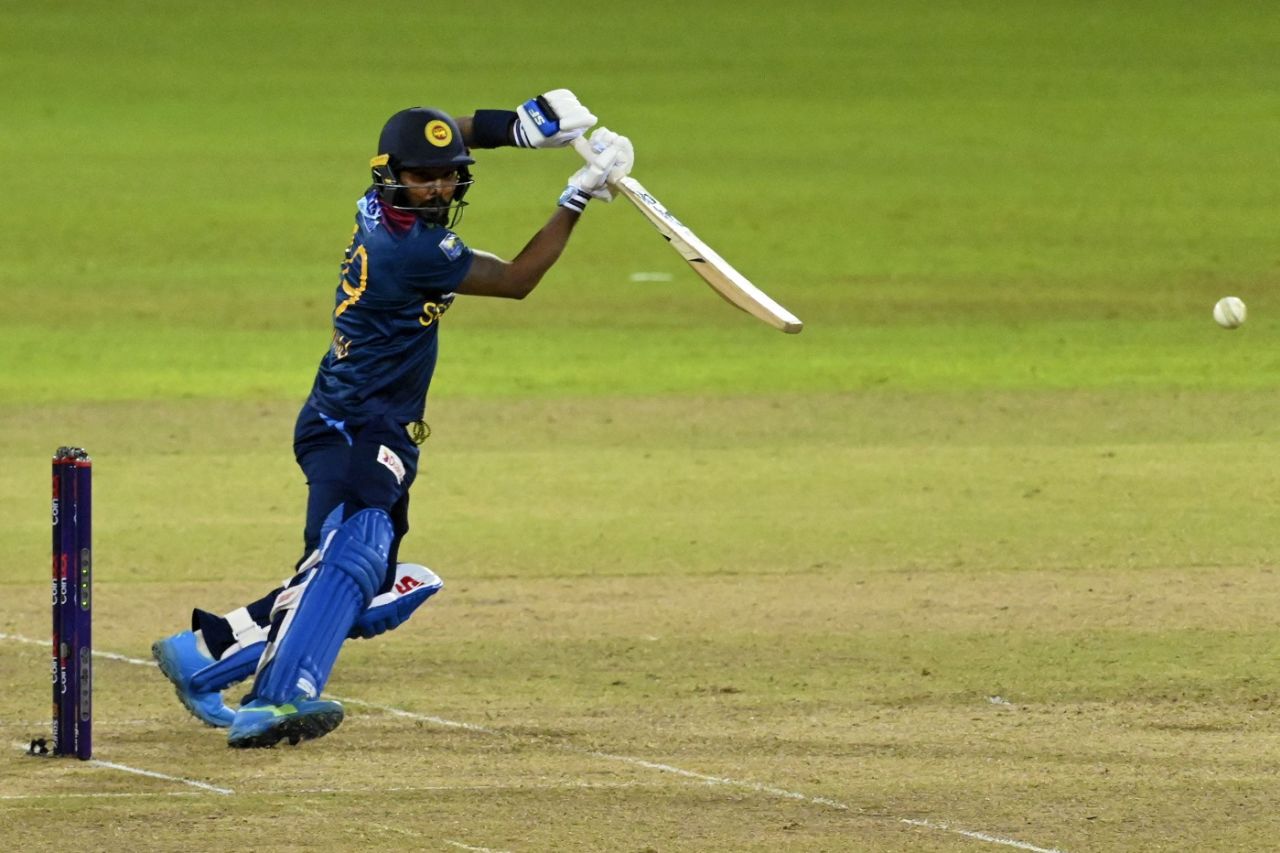 Wanindu Hasaranga plays one into the off side, Sri Lanka vs India, 3rd T20I, Colombo, July 29, 2021