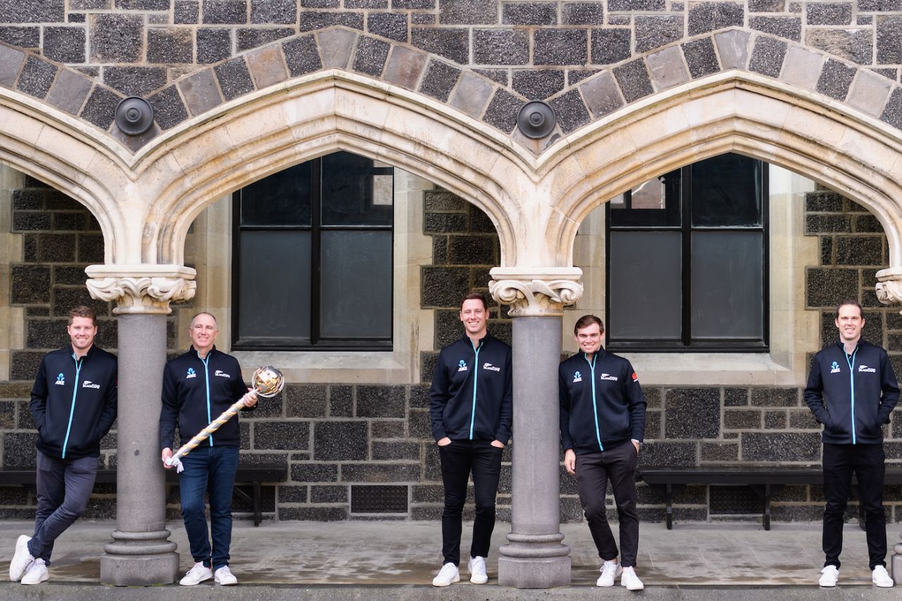 Henry Nicholls, Gary Stead, Matt Henry, Tom Latham and Todd Astle with the WTC mace at the Christchurch Arts Centre, Christchurch, July 31, 2021