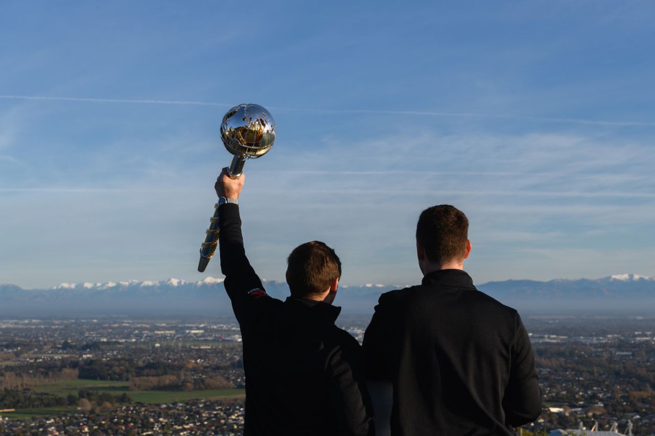 Tom Latham and Matt Henry pose with the WTC mace on the mace tour, Christchurch, July 31, 2021
