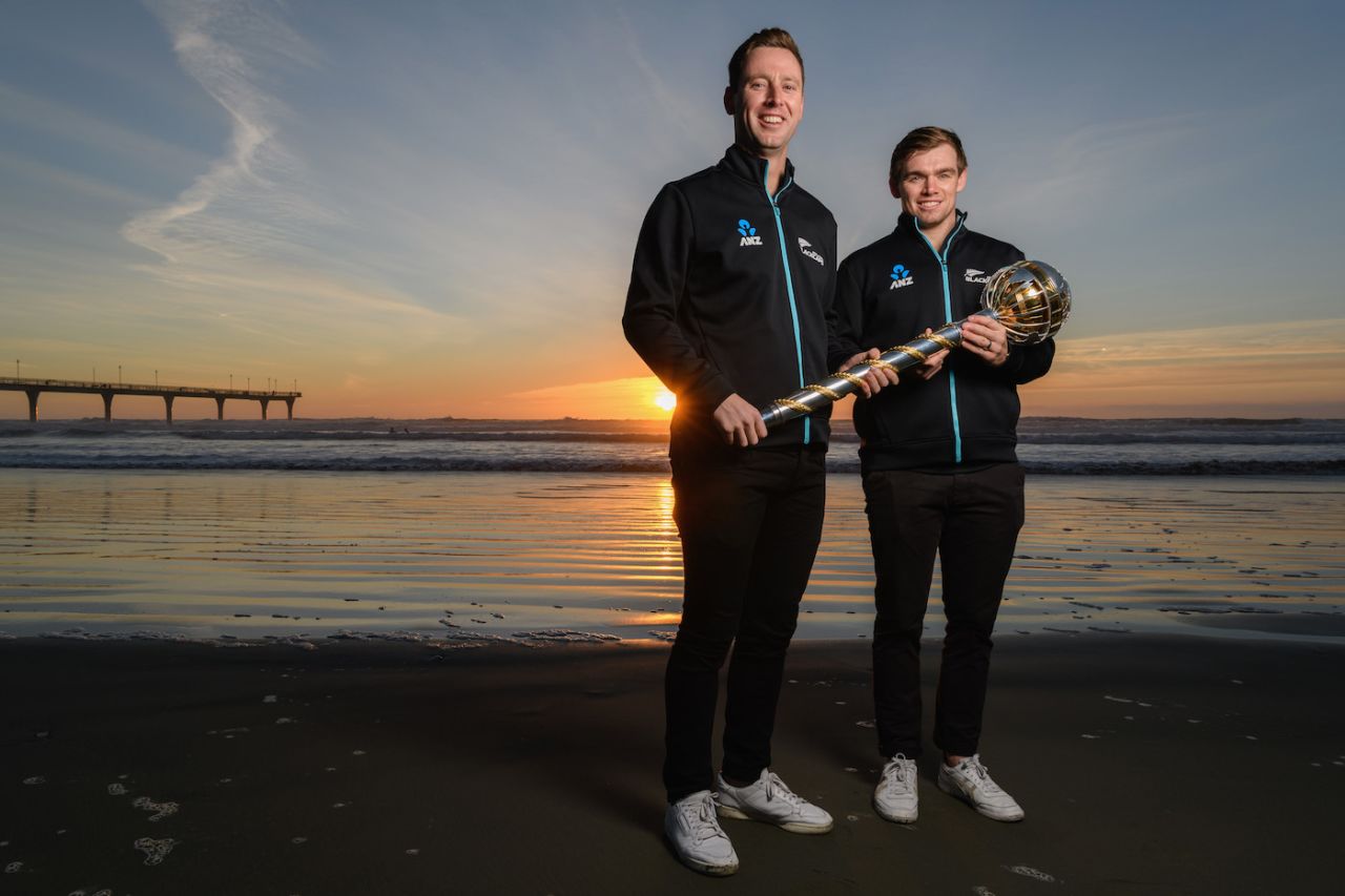 Matt Henry and Tom Latham take the WTC mace around at the New Brighton Beach, Christchurch, July 31, 2021