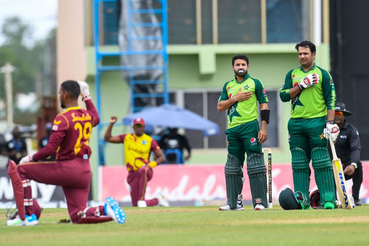 The West Indies players take a knee with the Pakistan team showing solidarity, West Indies vs Pakistan, 2nd T20I, Guyana, July 31, 2021