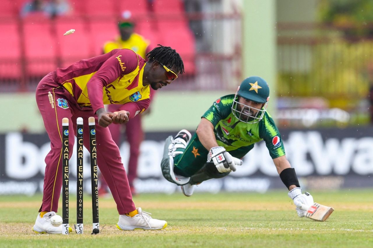Mohammad Rizwan is run out by Hayden Walsh at the non-striker's end, West Indies vs Pakistan, 2nd T20I, Guyana, July 31, 2021