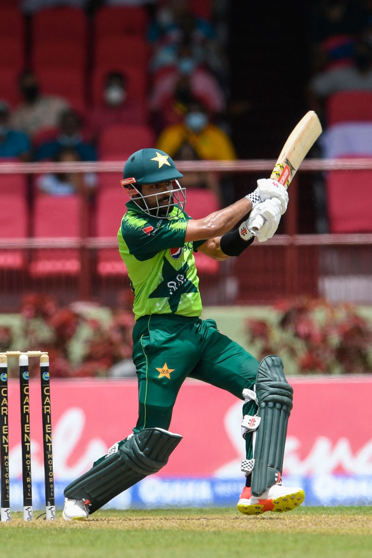Babar Azam hammers one onto the on-side, West Indies vs Pakistan, 2nd T20I, Guyana, July 31, 2021