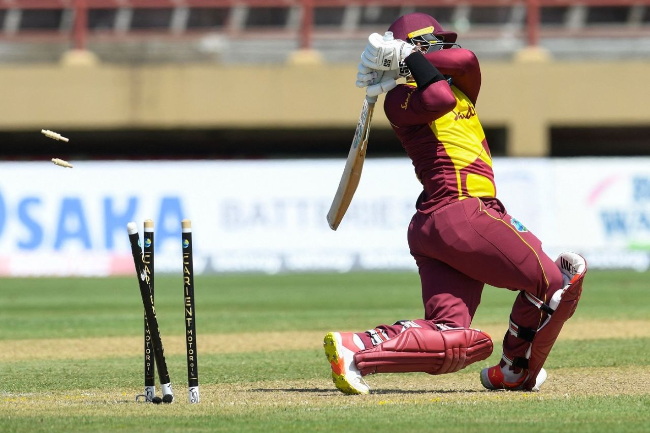 Shimron Hetmyer is bowled by Mohammad Wasim, West Indies vs Pakistan, 2nd T20I, Guyana, July 31, 2021