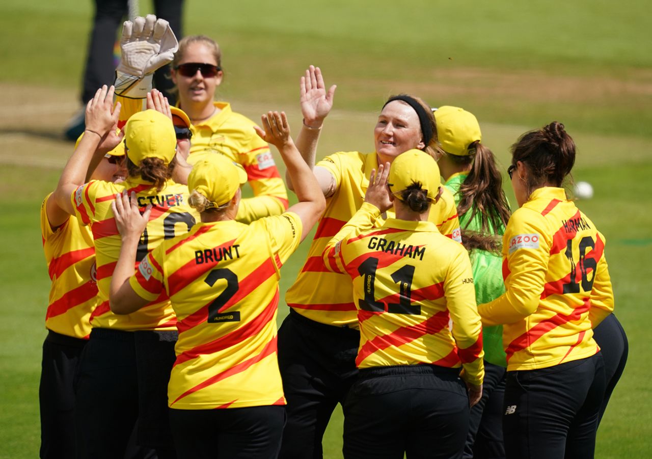 Sammy-Jo Johnson is congratulated by her team-mates, Birmingham Phoenix vs Trent Rockets, Women's Hundred 2021, Birmingham, August 1, 2021