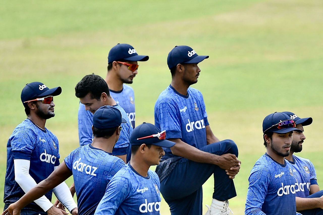 Bangladesh players attend a practice session at the Sher-e-Bangla National Cricket Stadium, Dhaka, August 1, 2021