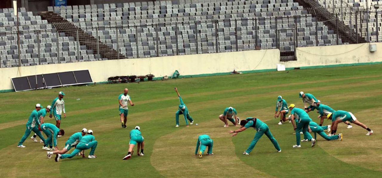 The Australians warm up at the Shere Bangla National Stadium, Dhaka, August 2, 2021