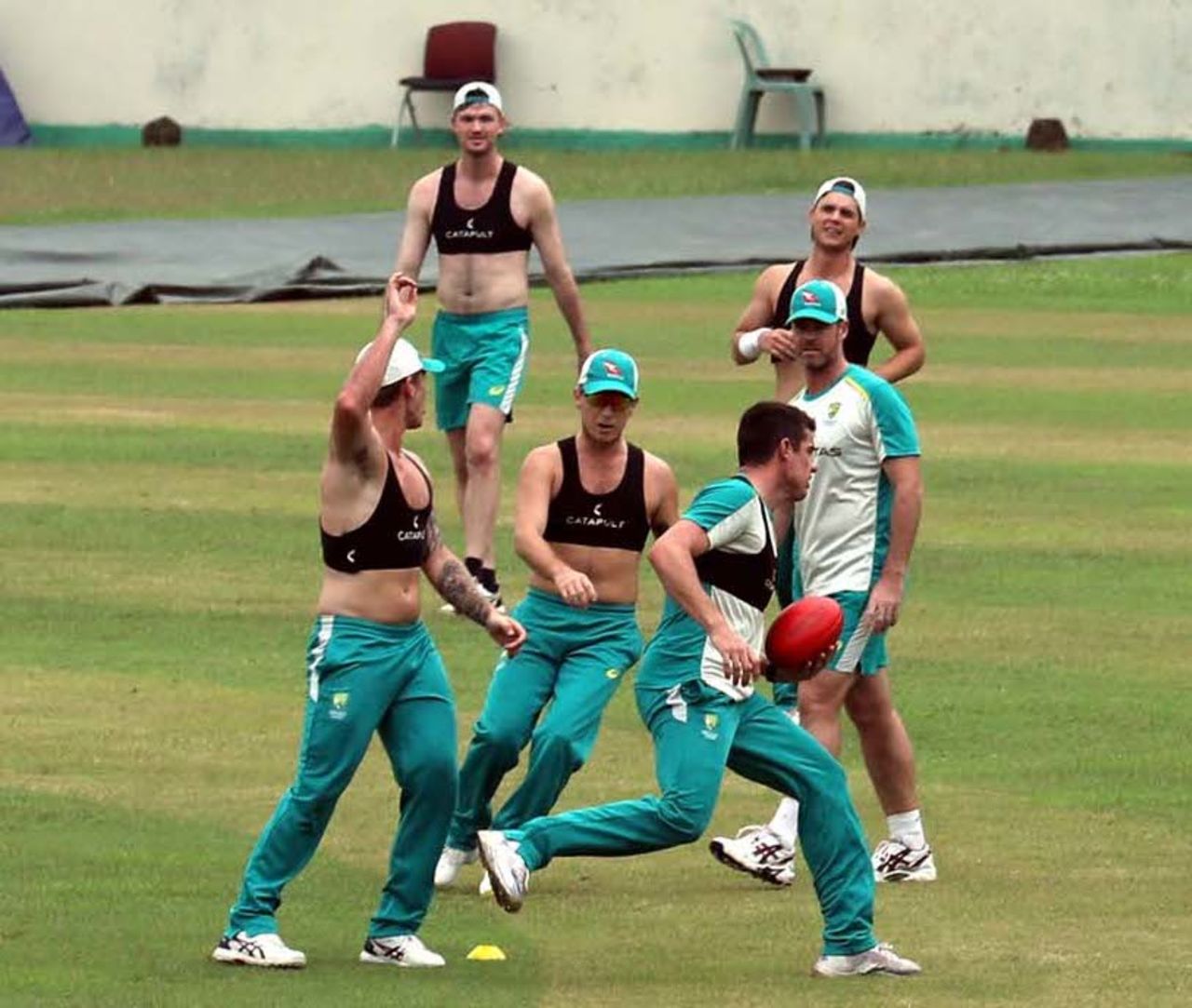 The Australians warm up with a game of Aussie Rules Football, Dhaka, August 2, 2021
