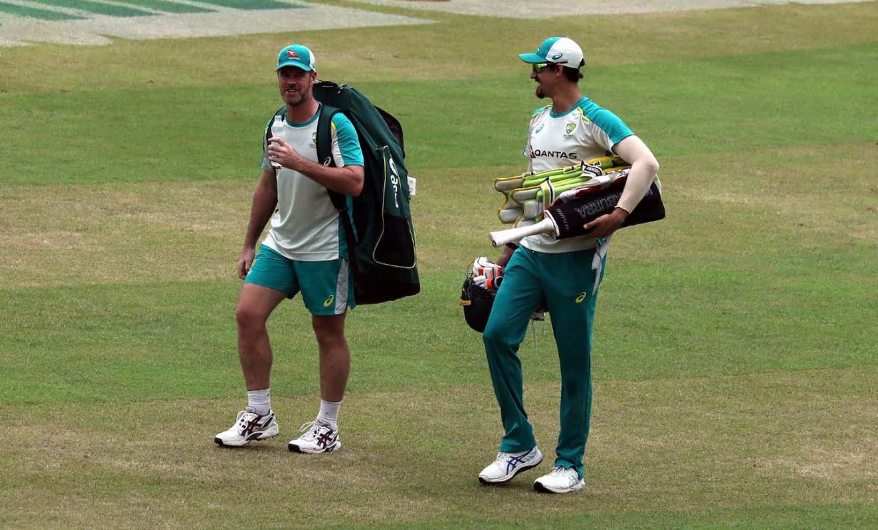 Dan Christian and Mitchell Starc walk in for a training session, Dhaka, August 2, 2021