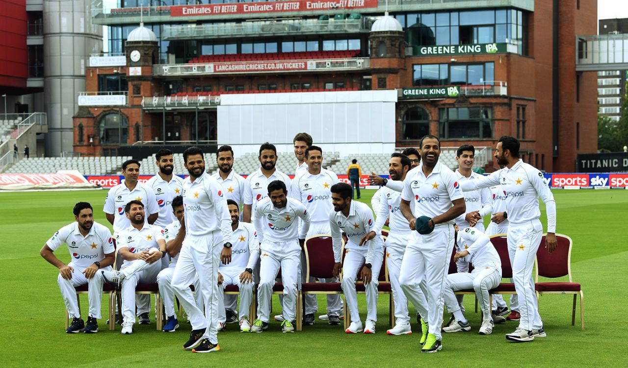 Pakistan's players have a laugh after taking a squad photo, Manchester, August 3, 2020