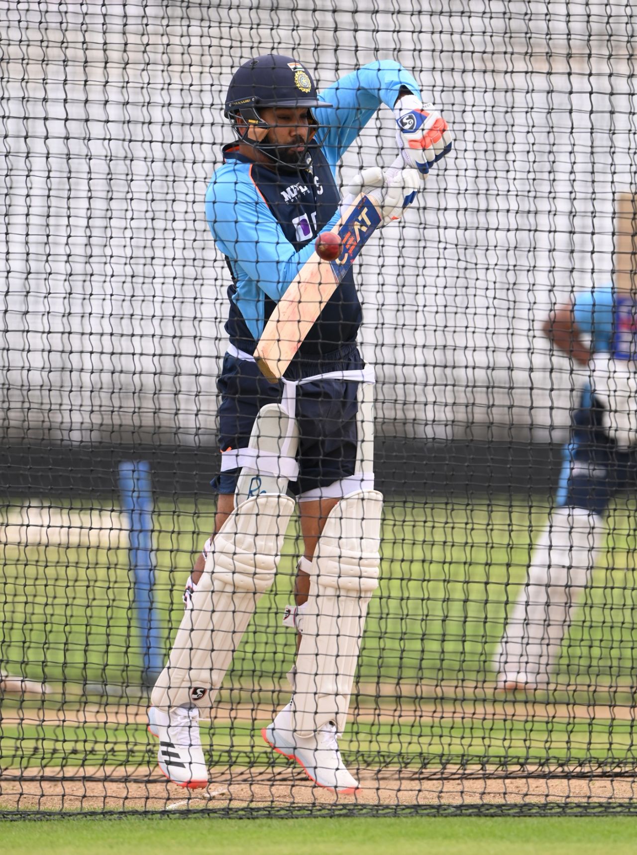 Rohit Sharma tackles a short ball at the nets, August 2, 2021
