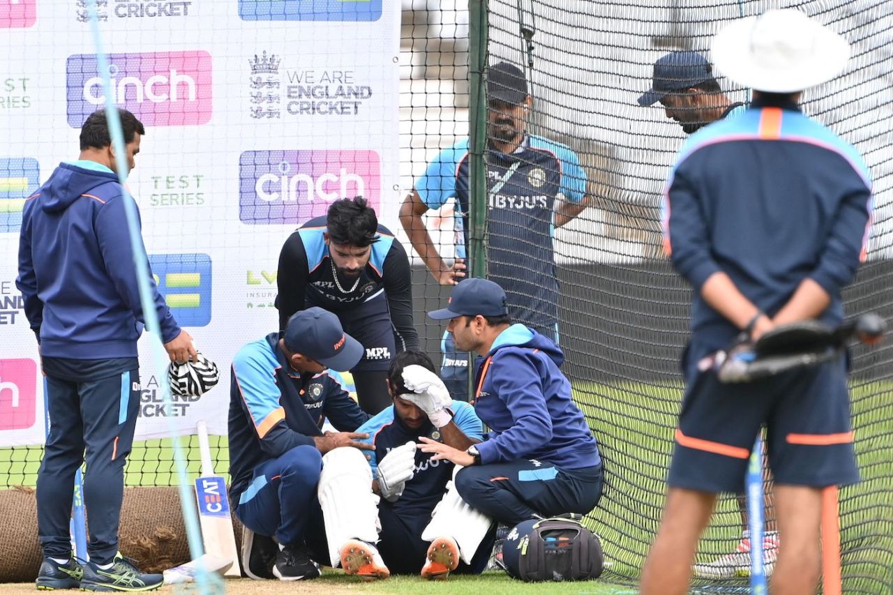 Mayank Agarwal gets medical attention after being hit by a Mohammed Siraj bouncer, Nottingham, August 2, 2021