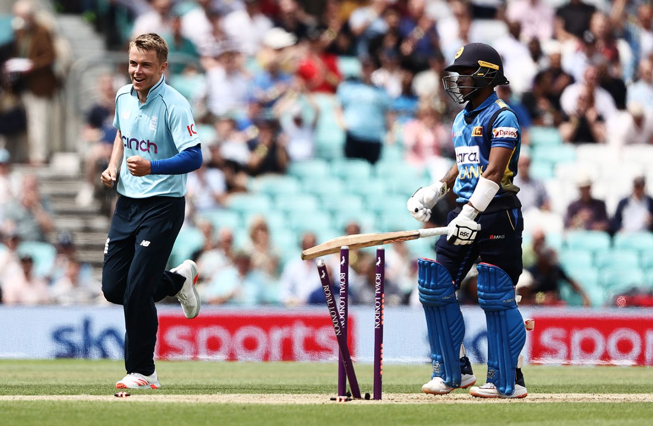 Sam Curran celebrates the wicket of Pathum Nissanka, England vs Sri Lanka, 2nd ODI, The Oval, July 1, 2021