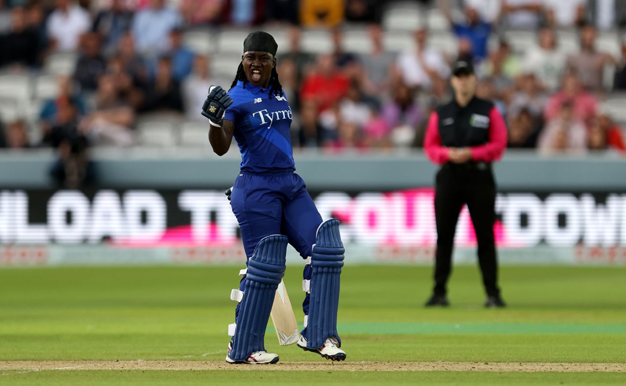Deandra Dottin celebrates leading her team to victory, London Spirit vs Northern Superchargers, Women's Hundred, Lord's, August 3, 2021