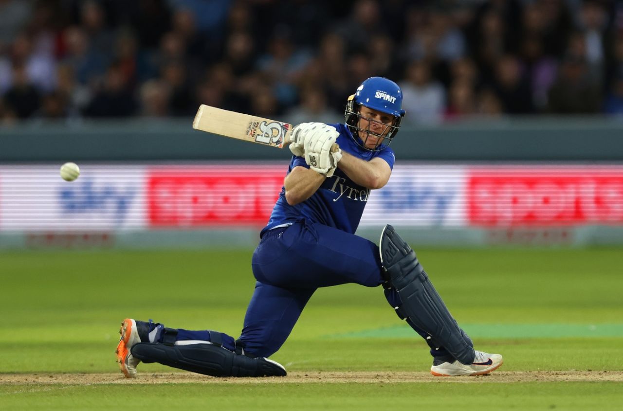 Eoin Morgan sweeps while down on his back leg, London Spirit vs Northern Superchargers, Men's Hundred, Lord's, August 3, 2021