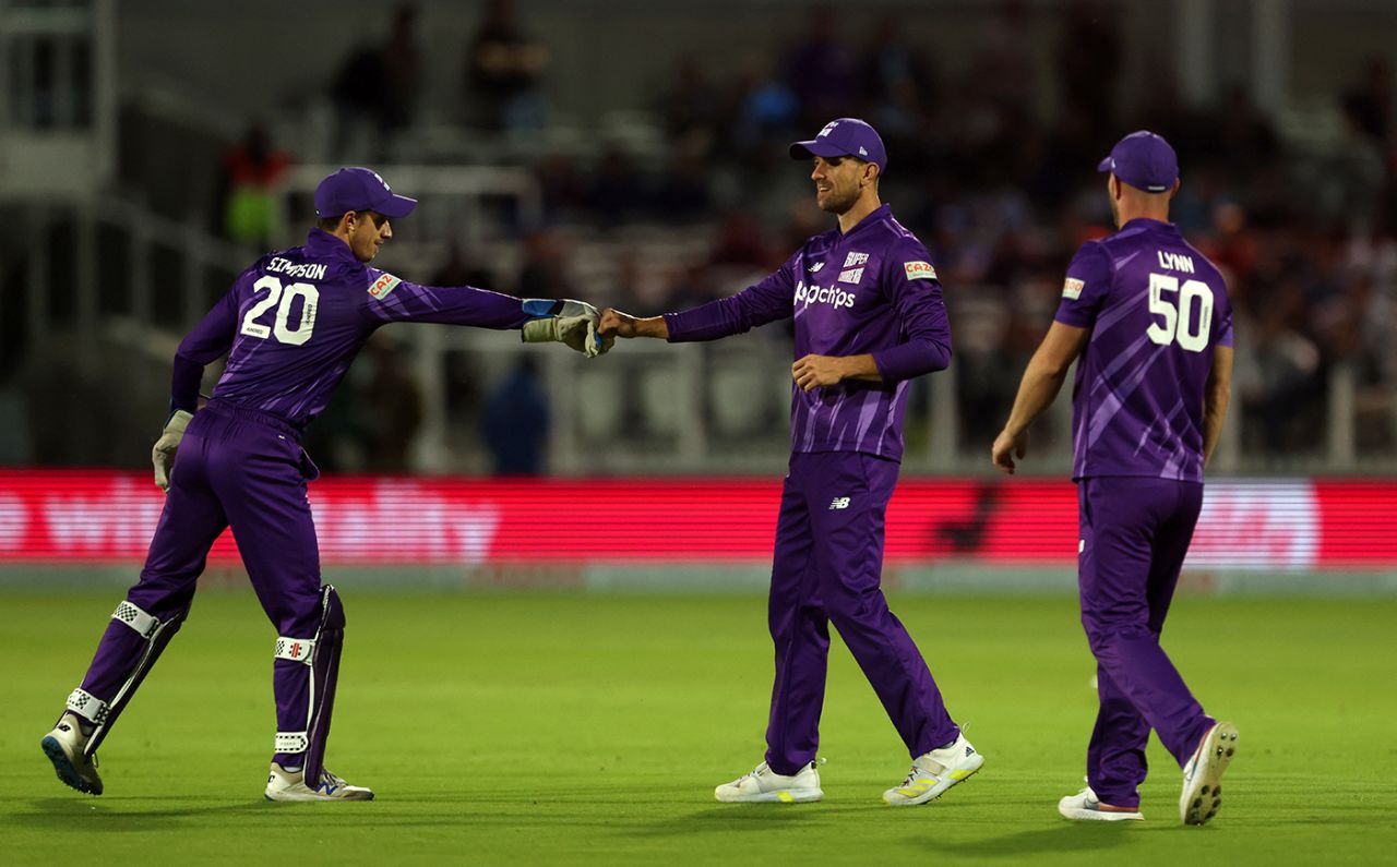 John Simpson, Dane Vilas and Chris Lynn celebrate a wicket, London Spirit vs Northern Superchargers, Men's Hundred, Lord's, August 3, 2021