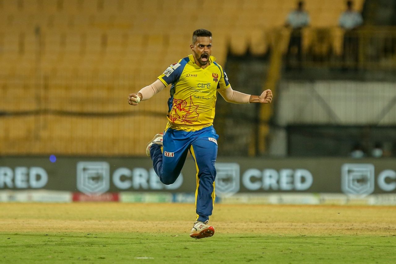 L Vignesh is pumped after taking a wicket Dindigul Dragons vs Nellai Royal Kings, TNPL 2021, Chennai, August 3, 2021