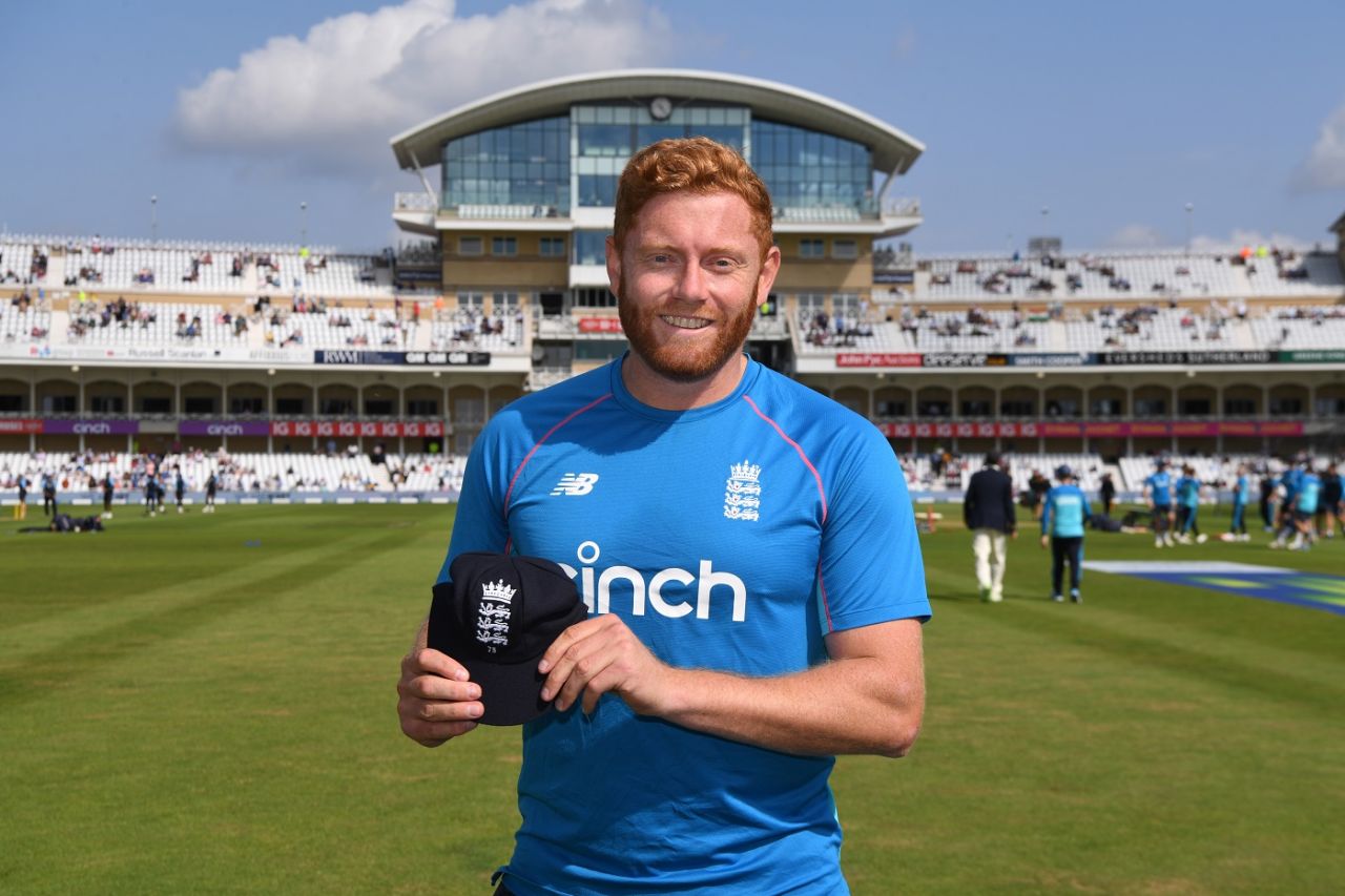 Jonny Bairstow pictured with his 75 Test cap, England vs India, 1st Test, Trent Bridge, Day 1, August 4, 2021