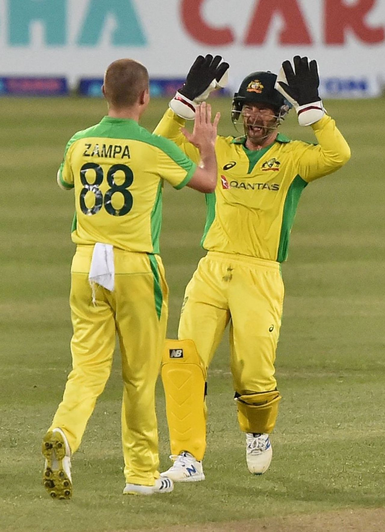 Adam Zampa and Matthew Wade celebrate the wicket of Naim Sheikh, Dhaka, August 3, 2021