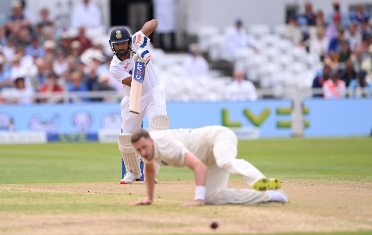 Rohit Sharma sends one racing back past the bowler, Ollie Robinson, England vs India, 1st Test, Nottingham, 2nd day, August 5, 2021
