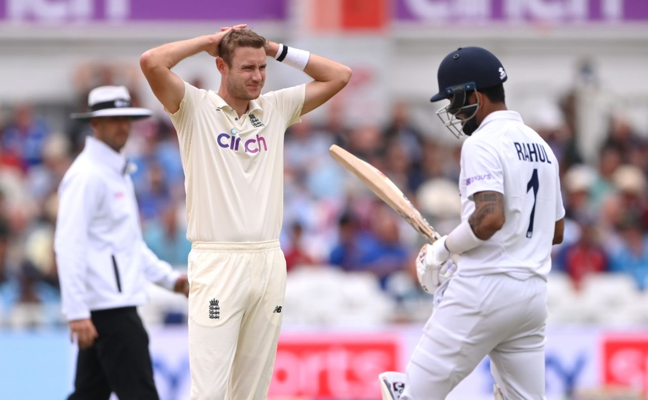 Stuart Broad reacts after a close call against KL Rahul, England vs India, 1st Test, Nottingham, 2nd day, August 5, 2021