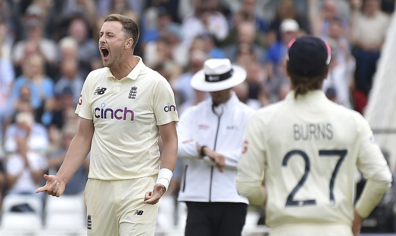 Ollie Robinson roars after dismissing Rohit Sharma, England vs India, 1st Test, Nottingham, 2nd day, August 5, 2021