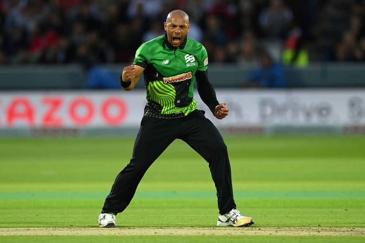 Tymal Mills celebrates a breakthrough at the death, London Spirit vs Southern Brave, Lord's, Men's Hundred, August 1, 2021