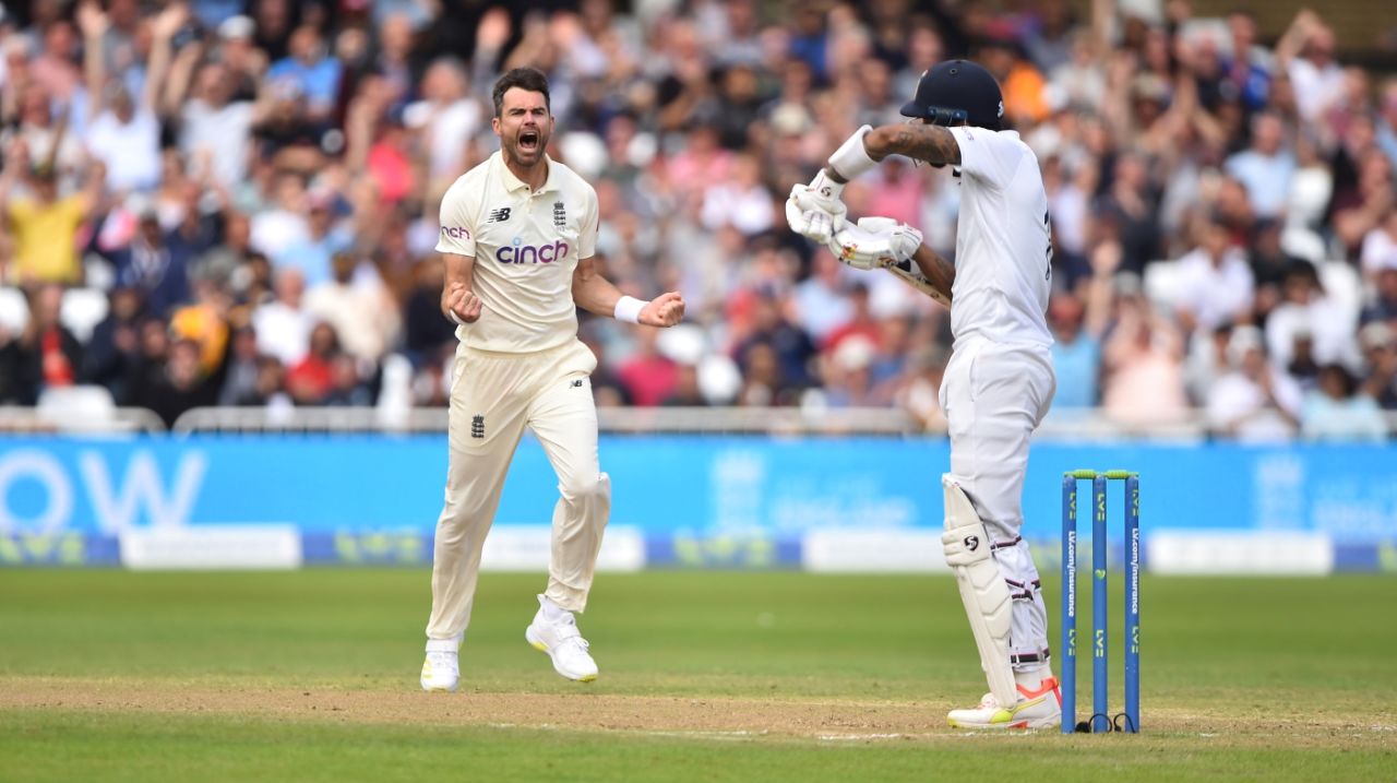 James Anderson celebrates getting KL Rahul for his 620th Test wicket - pushing him into third position on the all-time top wicket-takers' list, England vs India, 1st Test, Nottingham, 3rd day, August 6, 2021