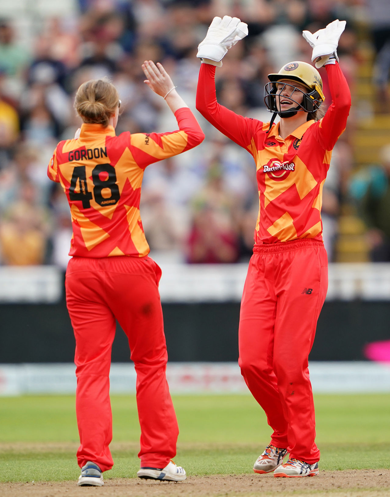 Kirstie Gordon and Amy Jones exchange high fives, Birmingham Phoenix vs Welsh Fire, Women's Hundred, Edgbaston, August 9, 2021