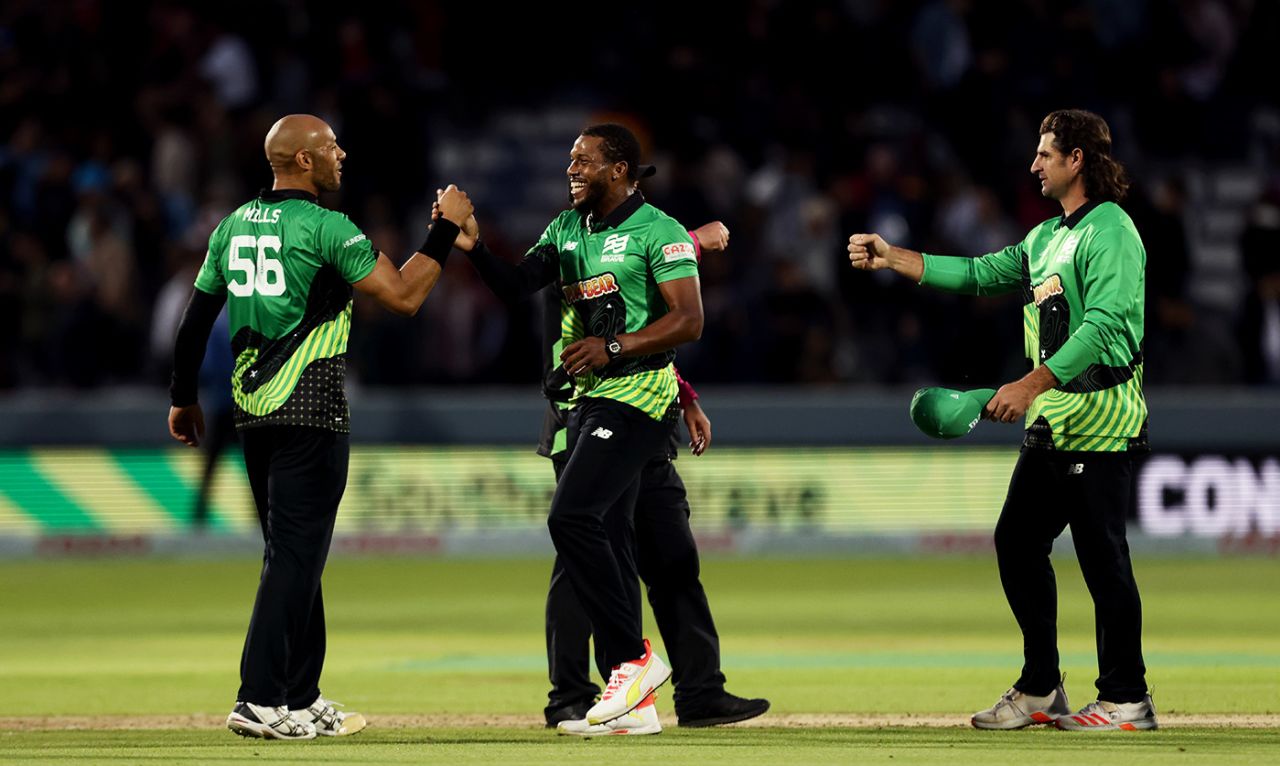 Tymal Mills celebrates the win with Chris Jordan and Colin de Grandhomme, London Spirit vs Southern Brave, Lord's, Men's Hundred, August 1, 2021