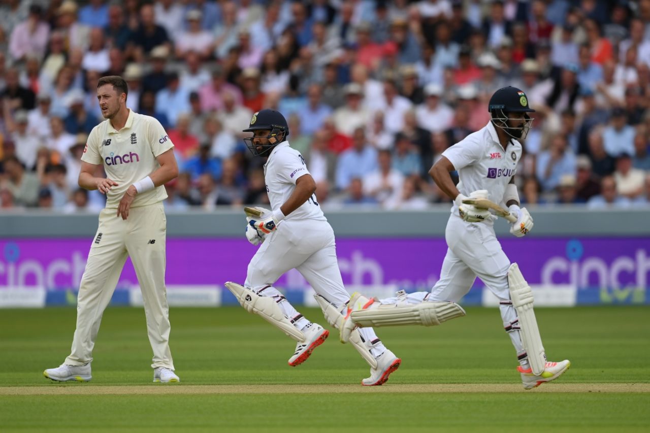 Rohit Sharma and KL Rahul cross for a run, England vs India, 2nd Test, Lord's, 1st day, August 12, 2021