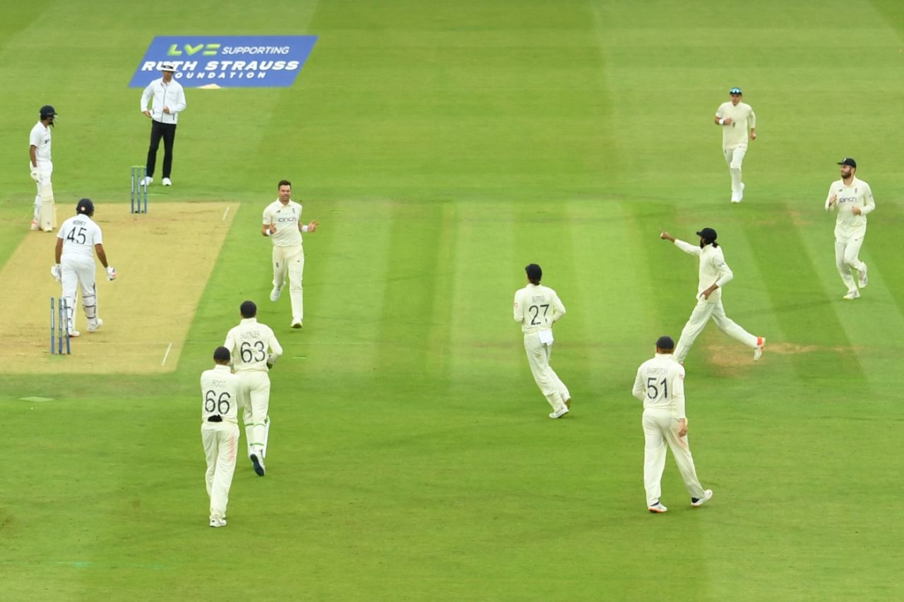 James Anderson and England celebrate Rohit Sharma's wicket, England vs India, 2nd Test, Lord's, 1st day, August 12, 2021
