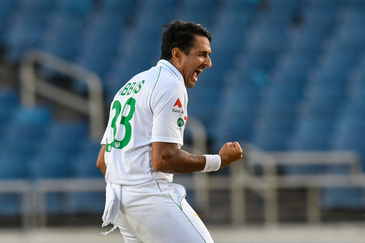 Mohammad Abbas celebrates a wicket, West Indies vs Pakistan, 1st Test, Kingston, 1st day, August 12, 2021